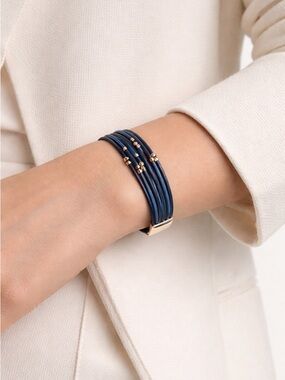 Navy Blue Leather Wrap Bracelet • Gold Beaded Multi-Strand Nautical Stack